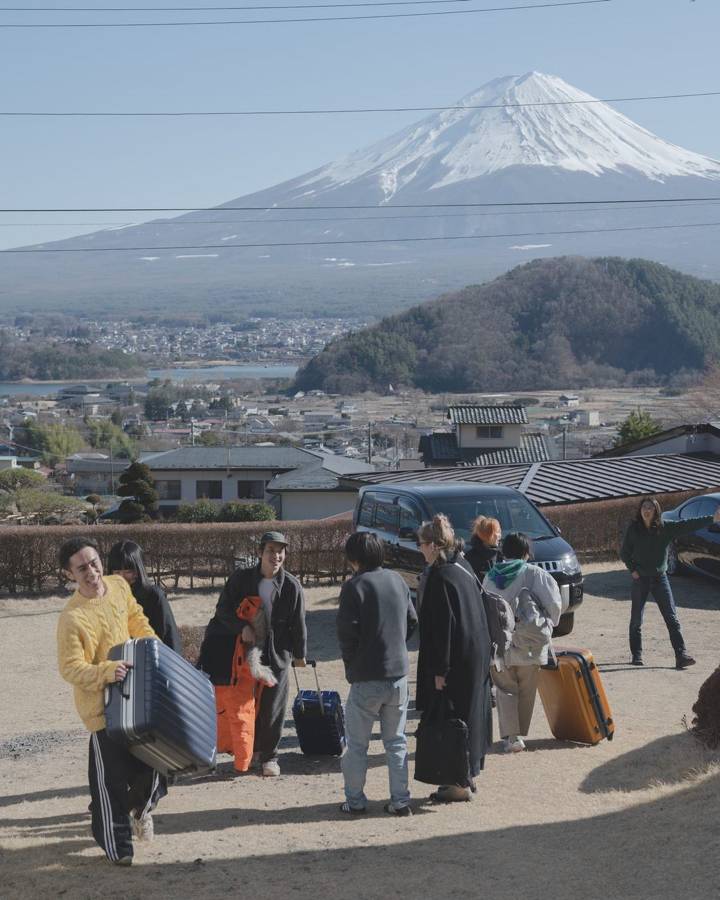 Bags down, Mt. Fuji behind