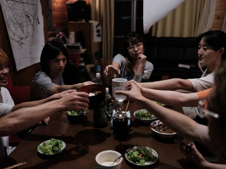Dinner, glasses up