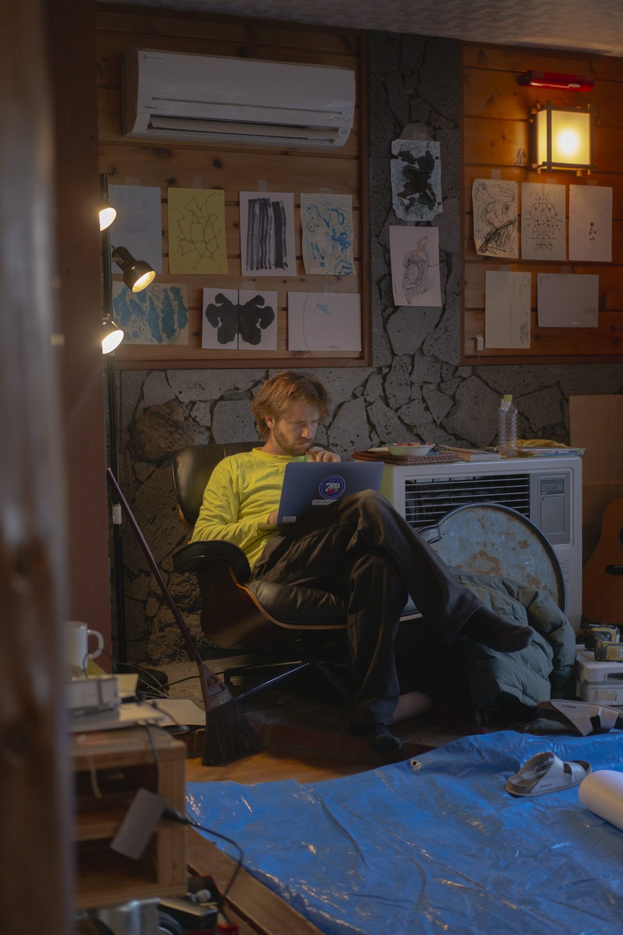 Working at a desk in a cabin room